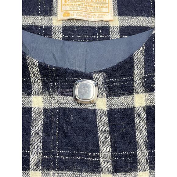 Vintage Pendleton Blazer Womens Size 12 Navy Blue Plaid Virgin Wool Metallic USA - Picture 7 of 14